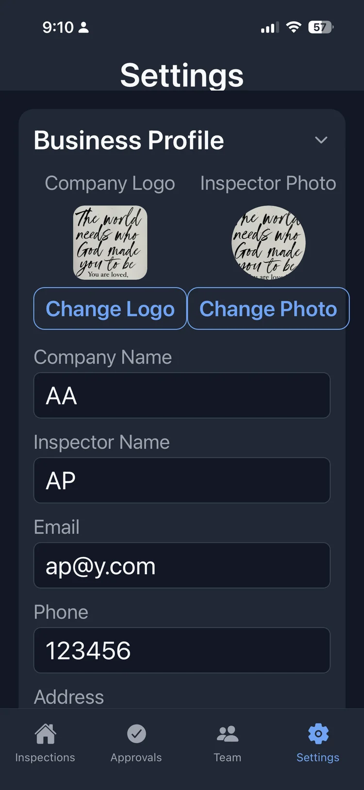InspectPro business profile and report letterhead settings