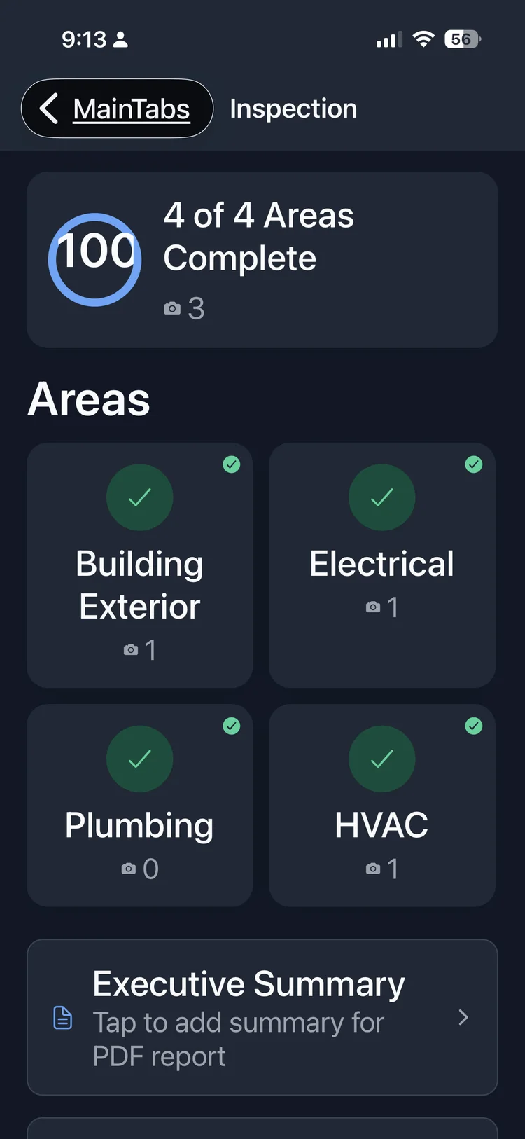InspectPro mobile app showing inspection areas with completion progress