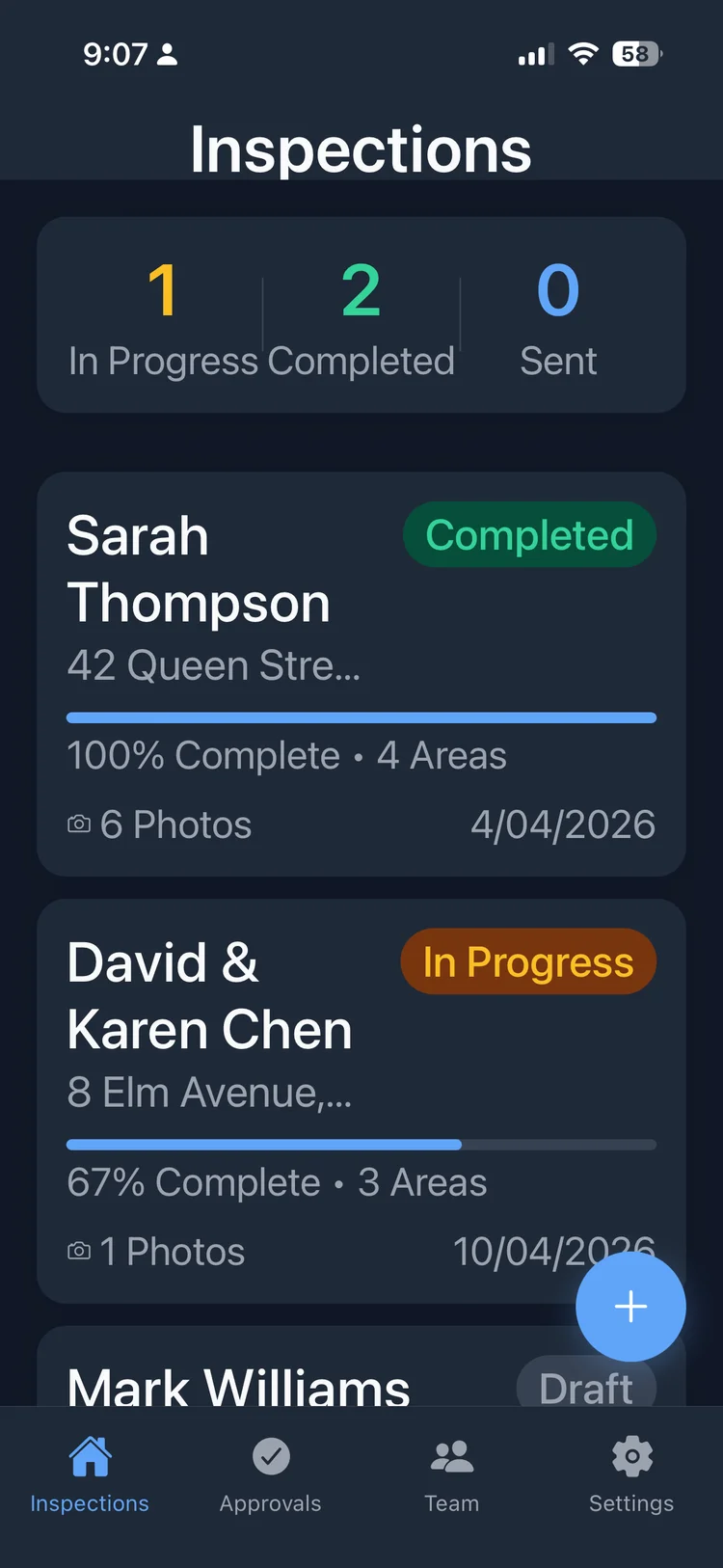 InspectPro inspection app showing a completed building inspection on mobile
