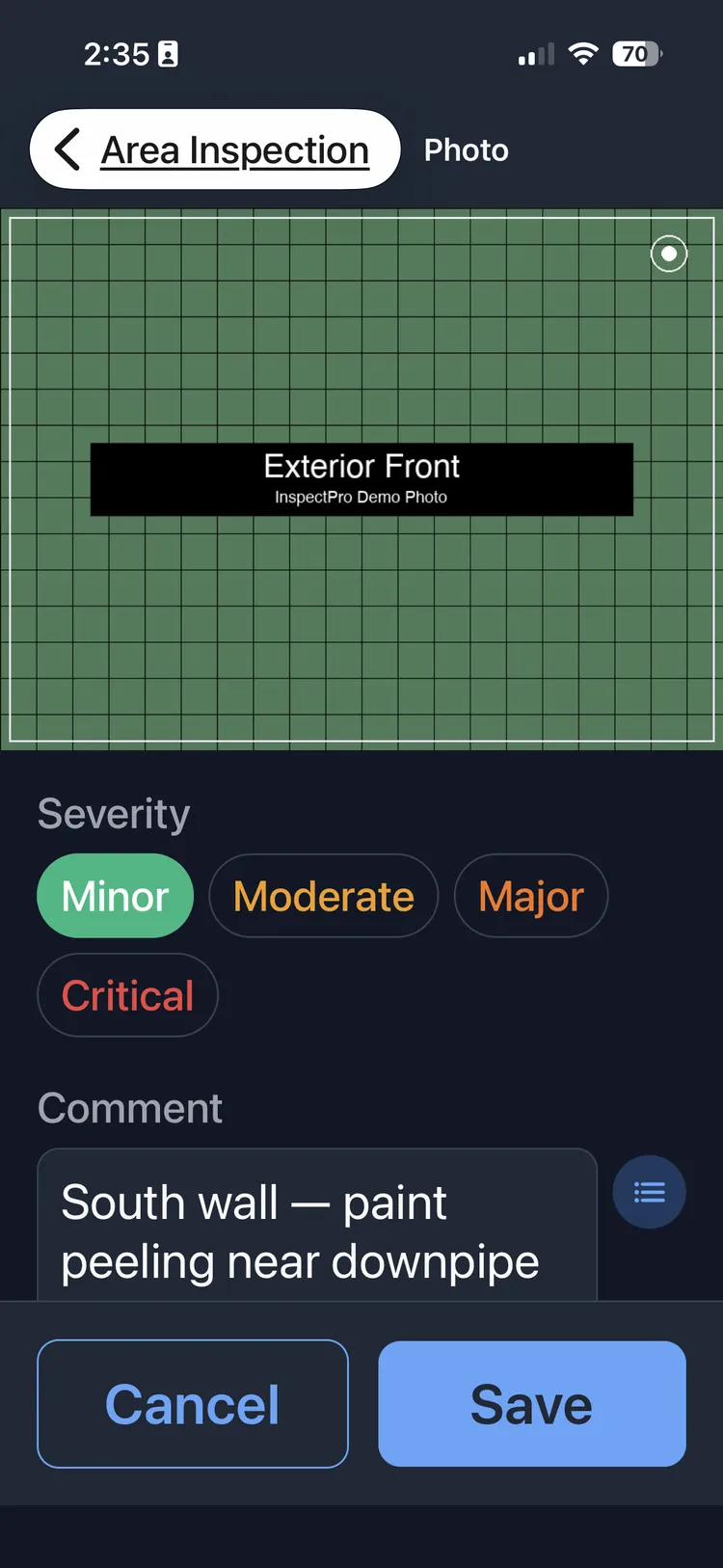 InspectPro area item checklist with photos tagged to items and severity ratings