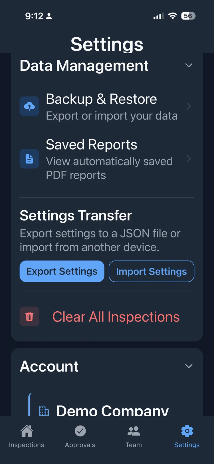 InspectPro saved reports list with share and save options