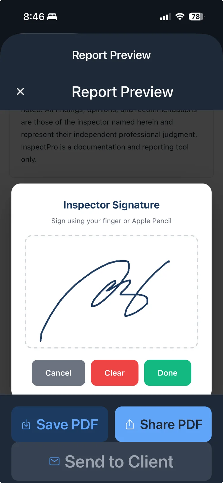 InspectPro inspector signature and PDF sharing